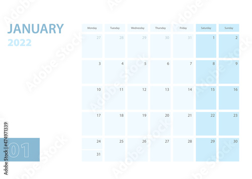 Calendar template for the January 2022, the week starts on Monday. The calendar is in a blue color scheme.
