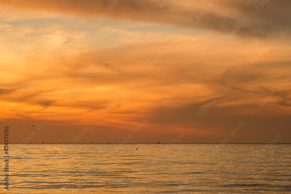 Landscape with a sunset over the Black Sea. Orange burnt flowers sunset. Natural photography of nature