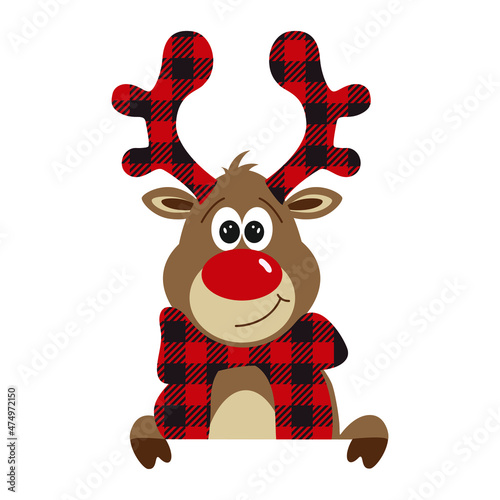 Deer with a red nose in a scarf   vector file. Christmas decor.