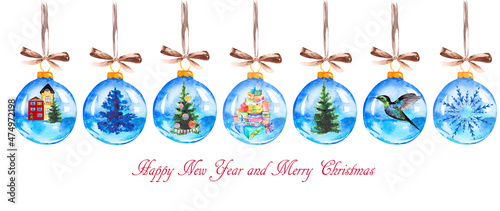 A collection of Christmas glass balls with Christmas trees, snowflakes, houses, hummingbirds and gifts on a white background. Watercolor set for postcard design.