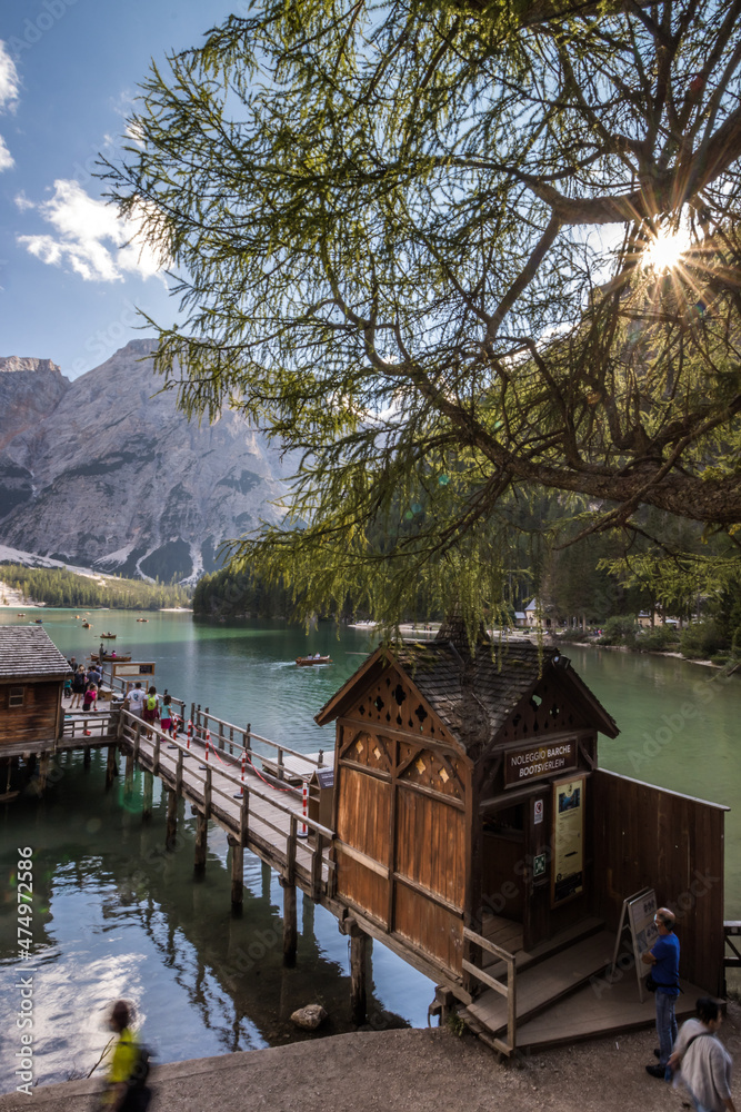 Sunny day on Lake Braies in Dolomites in Italy