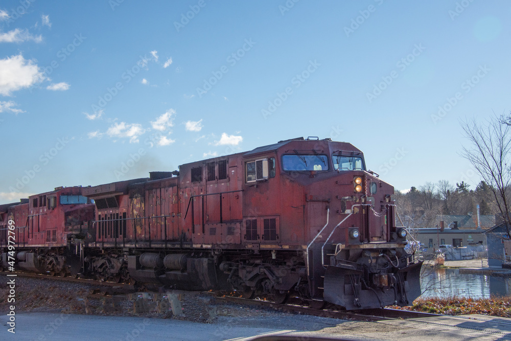 Locomotive running through the city of Magog in Quebec, Canada