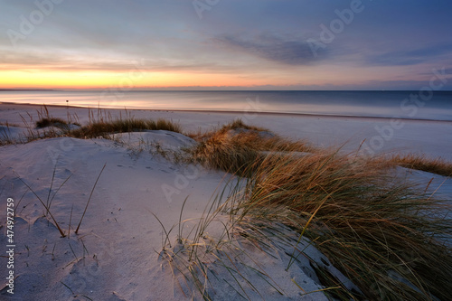 Morze Bałtyckie, zachód słońca, wydmy, plaża, Kołobrzeg, Polska 