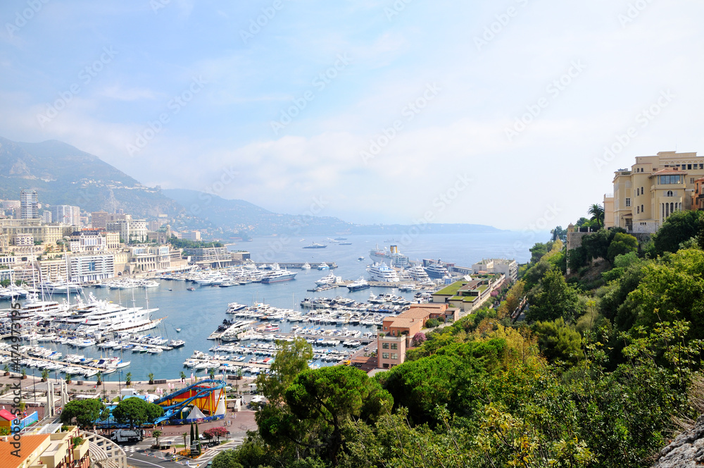 Panoramic view of Monaco harbor  from the observation deck near the Prince's Palace. Port Hercules. Yachts in the port. Aerial view, cityscape.