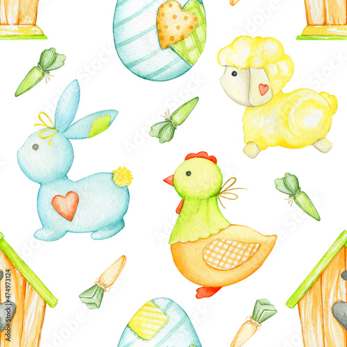 Cute sheep  bunnies  watercolor animals  in cartoon style  on an isolated background. seamless pattern