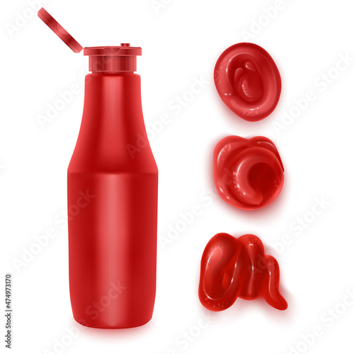 Ketchup stains. Tomato sauce red spots and smears, drops for paste and catsup blobs. Vegetable seasoning sour food realistic 3d vector format