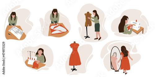 A woman tailor sits at a table and sews on a machine in a tailor shop. Set. Fashion designer, dressmaker, seamstress, sewing workshop or courses, tailoring concept. Flat vector.