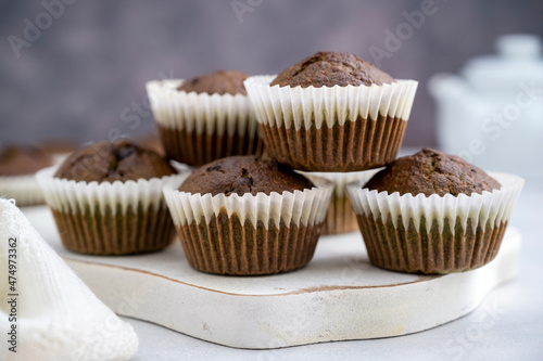 Chocolate homemade muffins, sweet food. Delicious bakes.