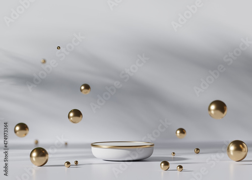 3D podium, display.Copy space white background. Cosmetics or beauty product promotion mockup. Luxury round step pedestal with palm shadow and gold ball. minimalist banner, 3D render illustration.
