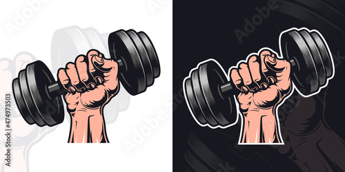 Hand holding black dumbbell. Heavy dumbbell in a clenched fist vector illustration isolated on white and black background. Design element for gym, sport and bodybuilding store. photo