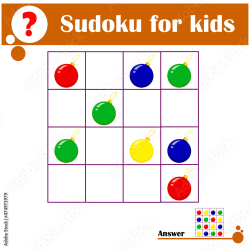 Sudoku for kids with Christmas balls. Educational game for children