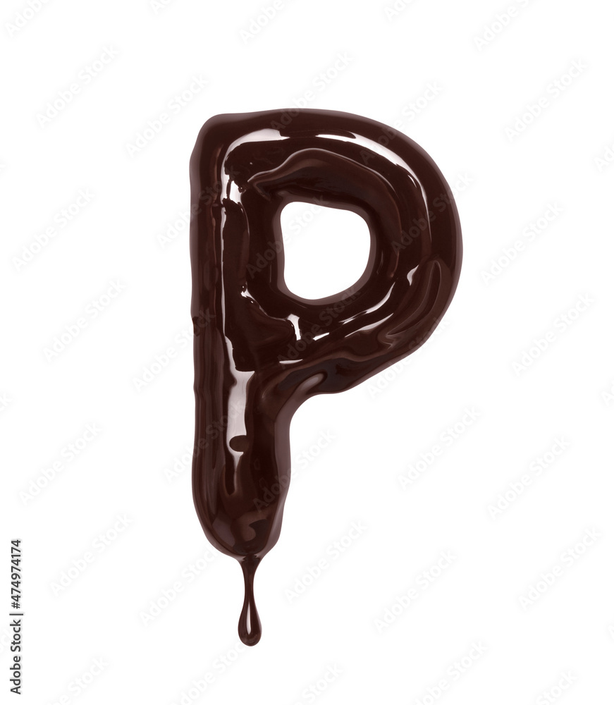 Latin letter P with drop is made of melted chocolate, isolated on white background