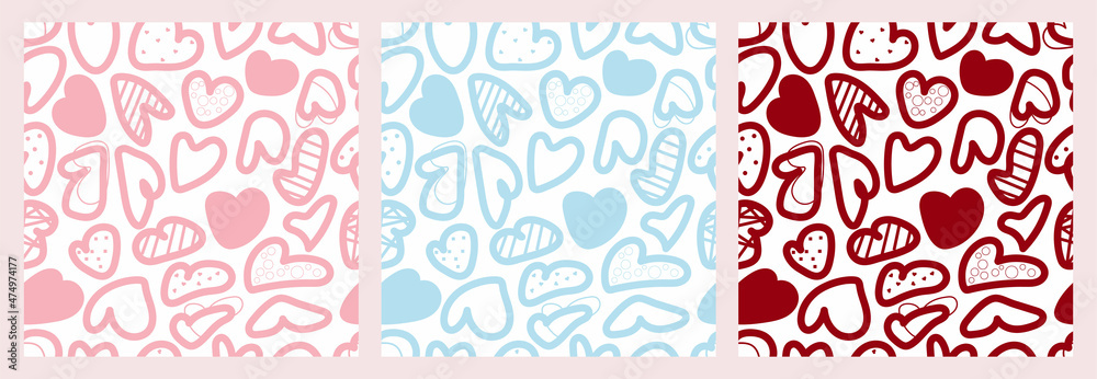 Set of seamless pattern with doodle hearts, Valentines vector cute background, trendy design. Holiday hand drawn print. Ideal for print in wallpaper, fabric, kids clothes, wrapping, postcards. Set of seamless pattern with doodle hearts, Valentines vector cute background, trendy design. Holiday hand drawn print. Ideal for print in wallpaper, fabric, kids clothes, wrapping, postcards.