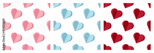 Set of trendy seamless patterns with  hearts isolated on white background . Origami style. Creative Valentine's Day confetti background. Ideal for wrapping paper, textile, fabric, card making. Vector