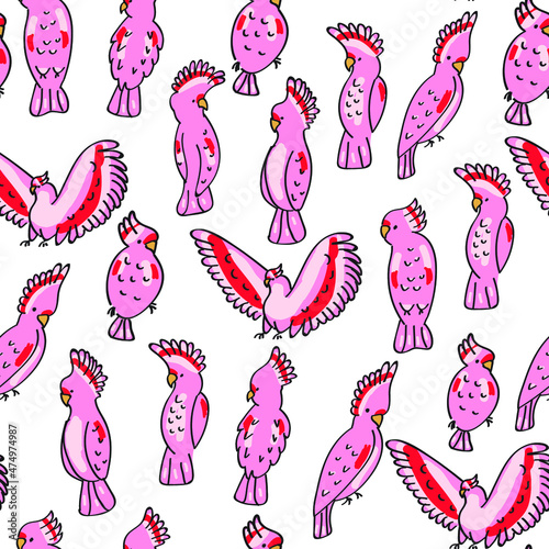 Pink parrots, kakadu, animals vector fashion seamless pattern isolated on bright background. Concept for wallpapers, cards
