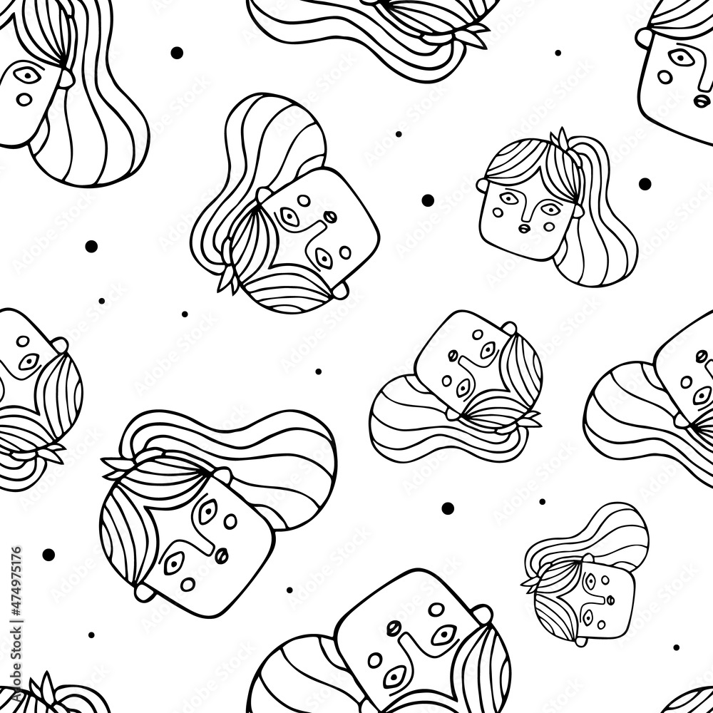 A seamless pattern with different female comic heads. Female abstract portrait. Vector illustration in doodle style. A seamless pattern with different female comic heads. Female abstract portrait. Vector illustration in doodle style.