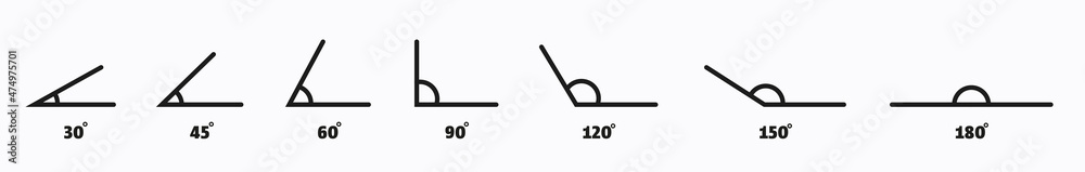 Angle line art icons set. 180, 150, 120, 90, 60, 45 30, degree measure. Math geometric design element. Technical architect blank. Trigonometry templates. Triangle sign. Vector illustration Angle line art icons set. 180, 150, 120, 90, 60, 45 30, degree measure. Math geometric design element. Technical architect blank. Trigonometry templates. Triangle sign. Vector illustration