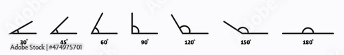 Angle line art icons set. 180, 150, 120, 90, 60, 45 30, degree measure. Math geometric design element. Technical architect blank. Trigonometry templates. Triangle sign. Vector illustration