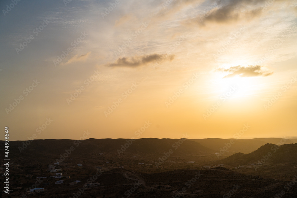 Sunset on the  Dahar, south region of Tunisia 