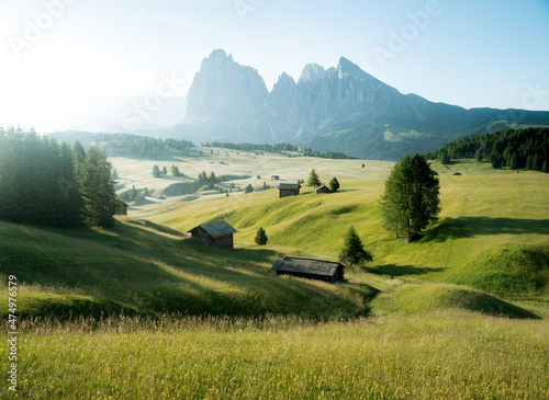 Dolomites mountain landscape at Alpe di Siusi with green meadows during sunrise in summer, South Tyrol, Italy photo