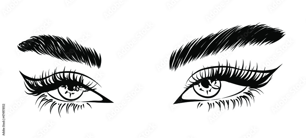 Hand-drawn woman's sexy makeup look with perfectly perfectly shaped eyebrows and extra full lashes. Idea for business visit card, typography vector.Perfect salon look Hand-drawn woman's sexy makeup look with perfectly perfectly shaped eyebrows and extra full lashes. Idea for business visit card, typography vector.Perfect salon look