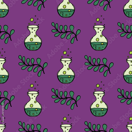 Magic objects seamless pattern for alchemical medicine. Spiritual vector illustration of potion in flask. Witchcraft esoteric symbols, magician boho collection, mystery celestial clip art in doodle