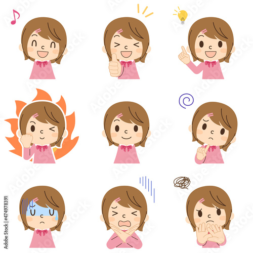 女の子の表情パターン9種類
