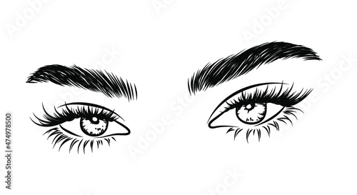 Sleek fashion illustration of the eye with luxe makeup and natural eyebrow. Hand drawn vector idea for business visit cards, templates, web, salon banners,brochures. Microblading visit card