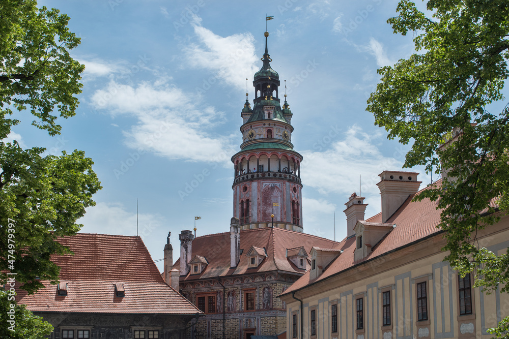 Fototapeta premium View of the beautiful tower of Cesky Krumlov Castle by the afternoon - Cesky Krumlov, Czech Republic