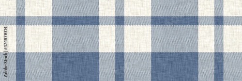 French farmhouse blue plaid check seamless border pattern. Rustic tonal country kitchen gingham fabric effect. Tartan cottage 2 tone background ribbon trim edge. photo