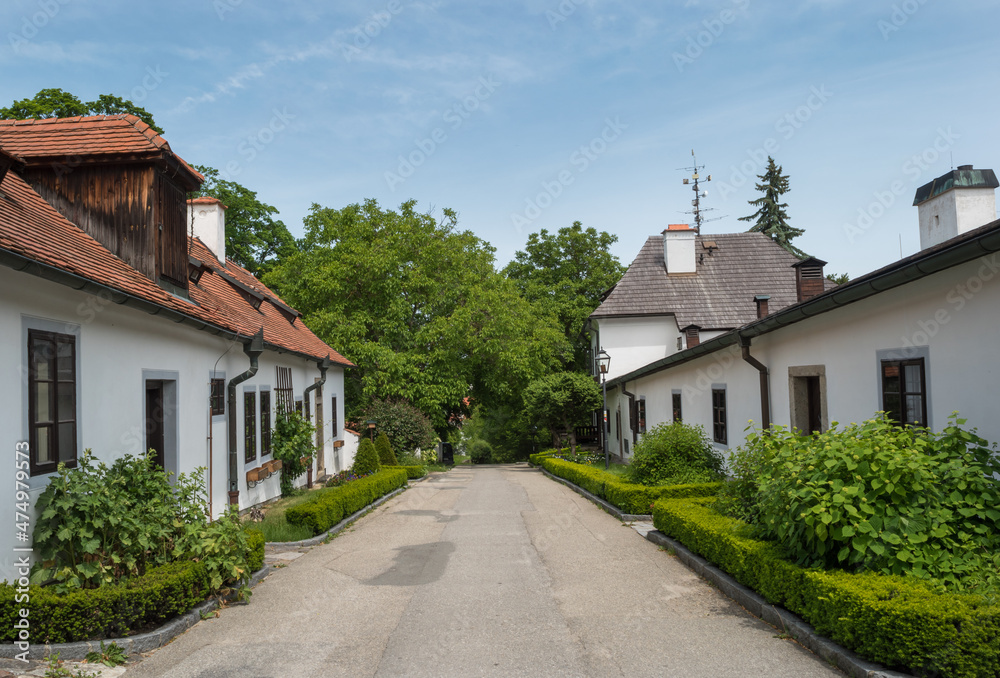 View of some beautiful houses close to Cesky Krumlov Castle Gardens  - Cesky Krumlov, Czech Republic