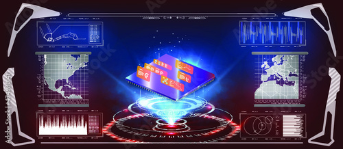 Futuristic microchip processor with lights on the blue background. Quantum computer, large data processing A futuristic projection of the microchip of the future. 3D closeup of cpu for web design.