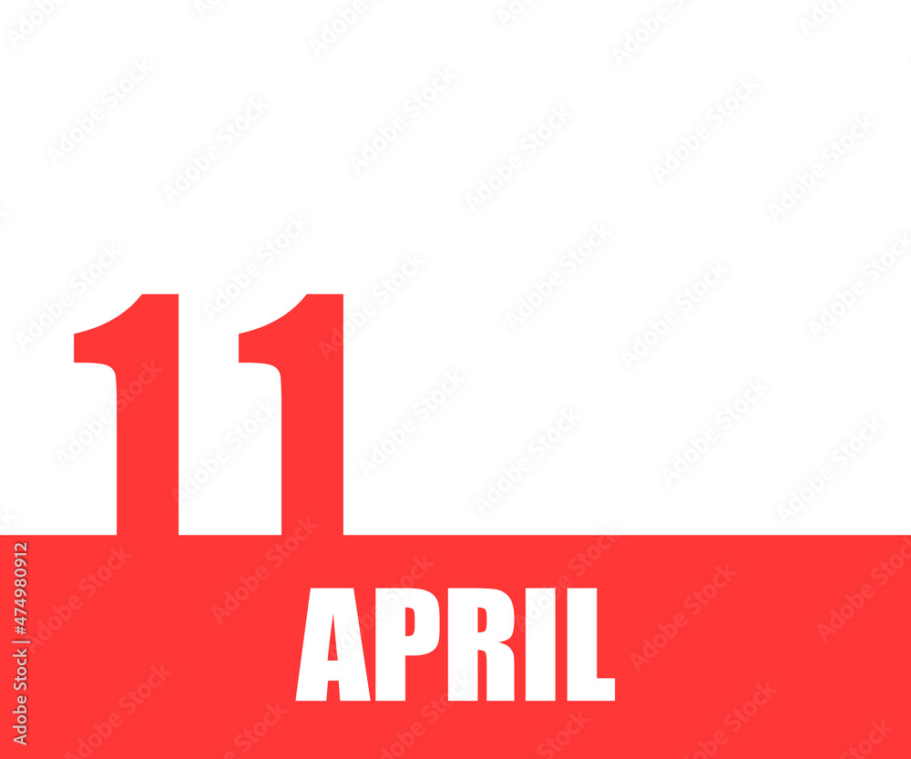 April. 11th day of month, calendar date. Red numbers and stripe with white text on isolated background. Concept of day of year, time planner, spring month April. 11th day of month, calendar date. Red numbers and stripe with white text on isolated background. Concept of day of year, time planner, spring month