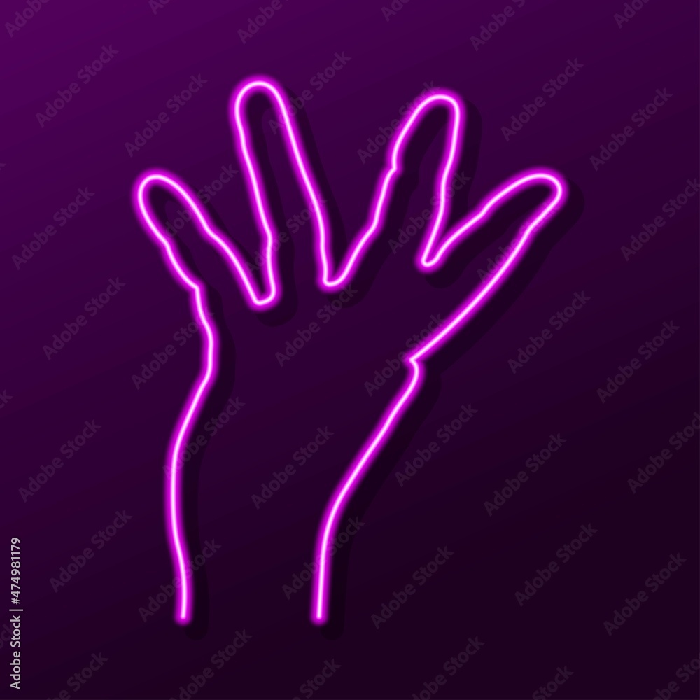 human hand neon sign, modern glowing banner design, colorful trend of modern design. Vector illustration.