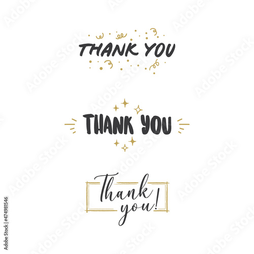 Thank you text lettering collection. Thanks message in hand drawn style typo. Handwriting letter with golden frames collection.