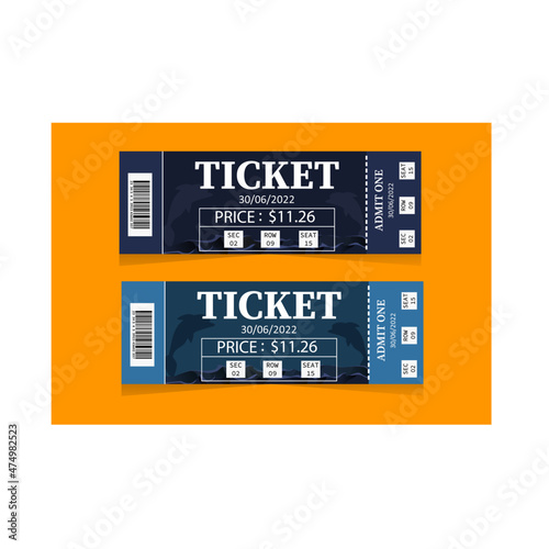 Two blue tickets with dolphins on an orange background. Dolphinarium. Pass to the event. Vector stock illustration. Invitation. Minimalistic style. Admission. Relaxation.