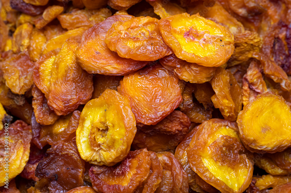 Dried peaches close up picture.