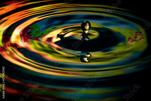 Red and green ripples caused by water drop falling on liquid surface
