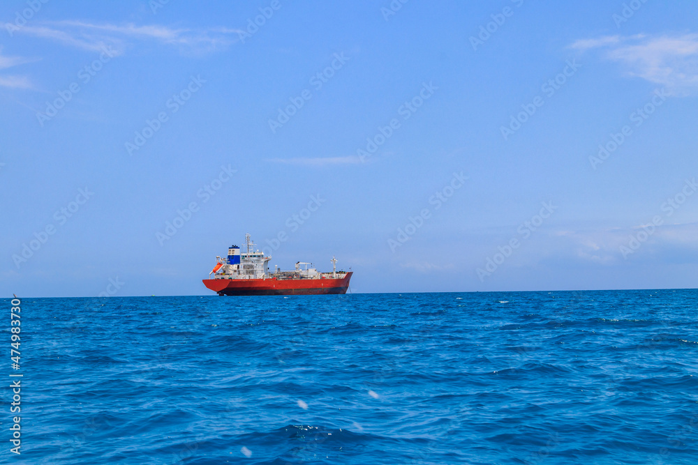 Large industrial ship sailing in the Indian ocean near Zanzibar, Tanzania