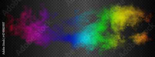 One colorful long side rainbow smoke cloud of red, orange, yellow, green, blue, purple and pink colors isolated on dark semi transparent background. Gradient fog vector illustration