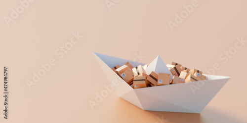 Conceptual paper ship loaded with many cartons  logistics industry and transportation concepts  original 3d rendering