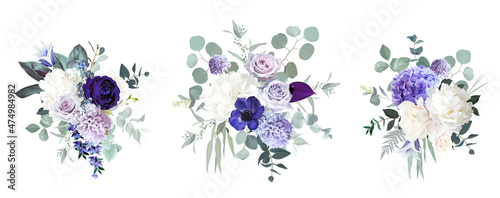 Foto Periwinkle violet, purple anemone, dusty mauve and lilac rose, white hydrangea,
