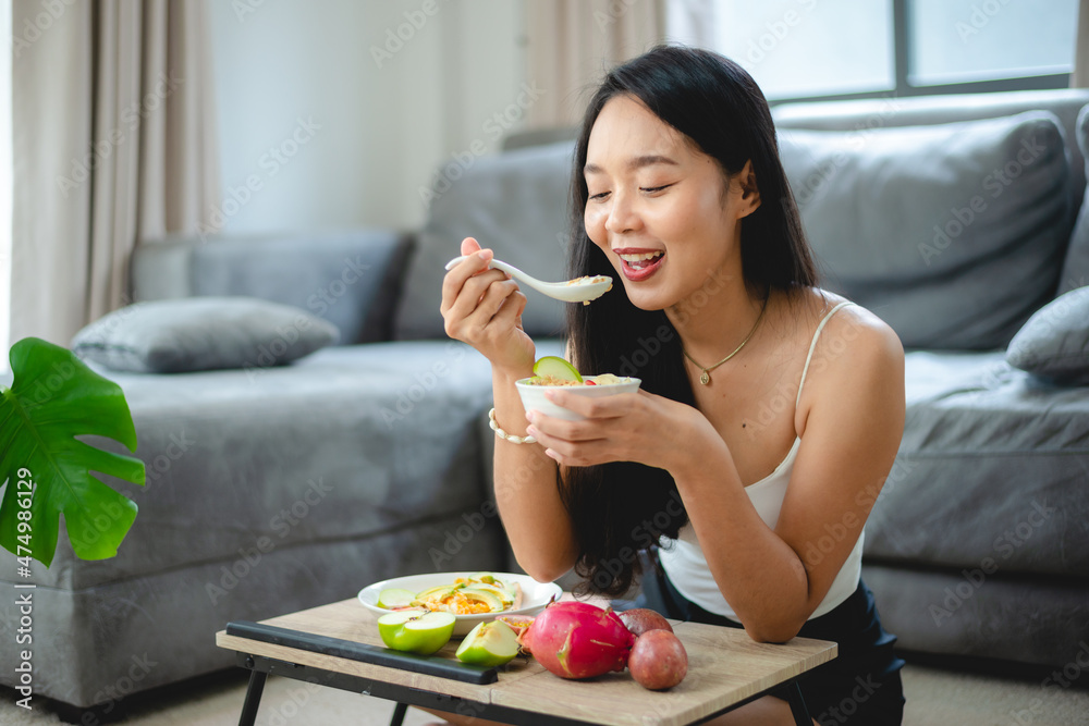 healthy clean food concept, Asian woman with fresh vegetable for diet lifestyle, happy vegetarian