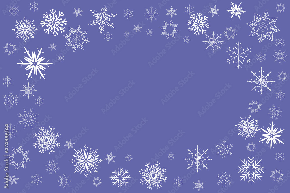 Color of the year 2022, very peri purple background with snowflakes frame, place for text
