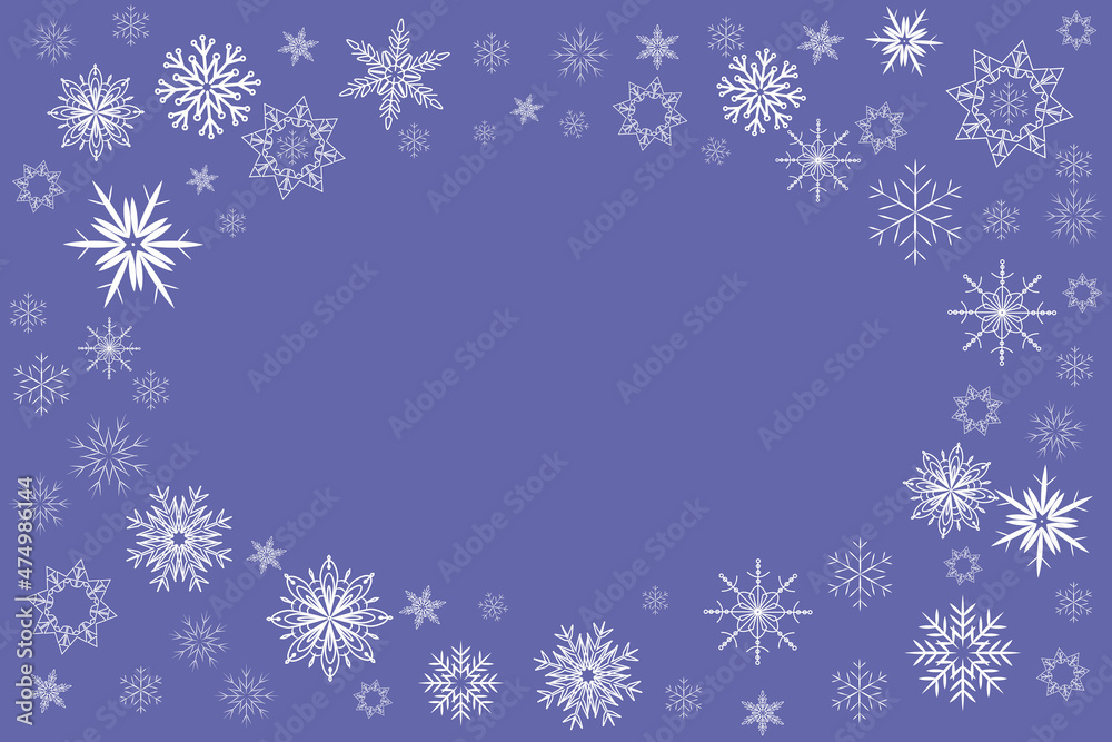Color of the year 2022, very peri purple background with snowflakes frame, place for text Color of the year 2022, very peri purple background with snowflakes frame, place for text