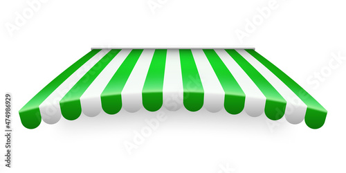 Green shop sunshade isolated on white background. Realistic striped cafe awning. Outdoor market tent. Roof canopy. Summer street store. Vector illustration.