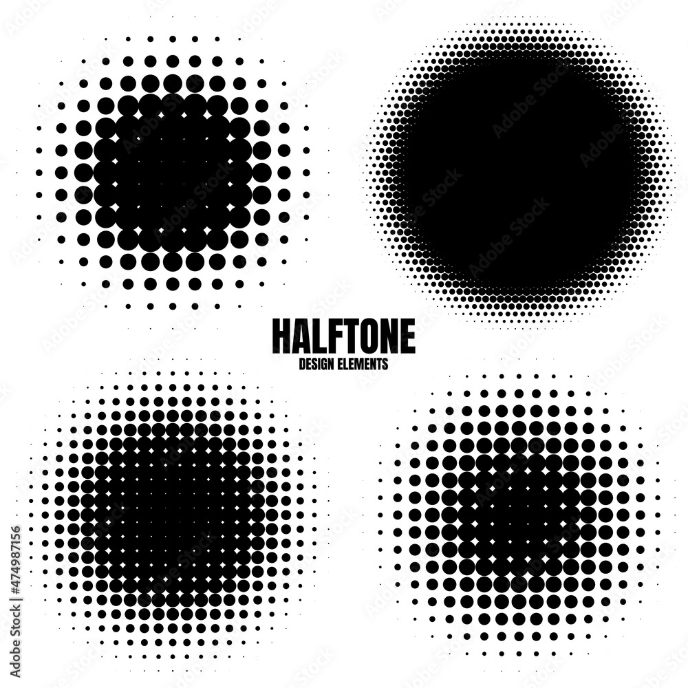 Circle halftone design elements with black dots isolated on white background. Comic dotted pattern.Vector illustration.