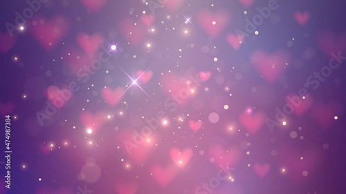 Sparkling background with falling pink hearts with blur effect