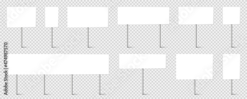 Blank board with place for text, protest signs set isolated on transparent background. Realistic demonstration or advertising banner. Strike action cardboard placard mockup. Vector illustration.