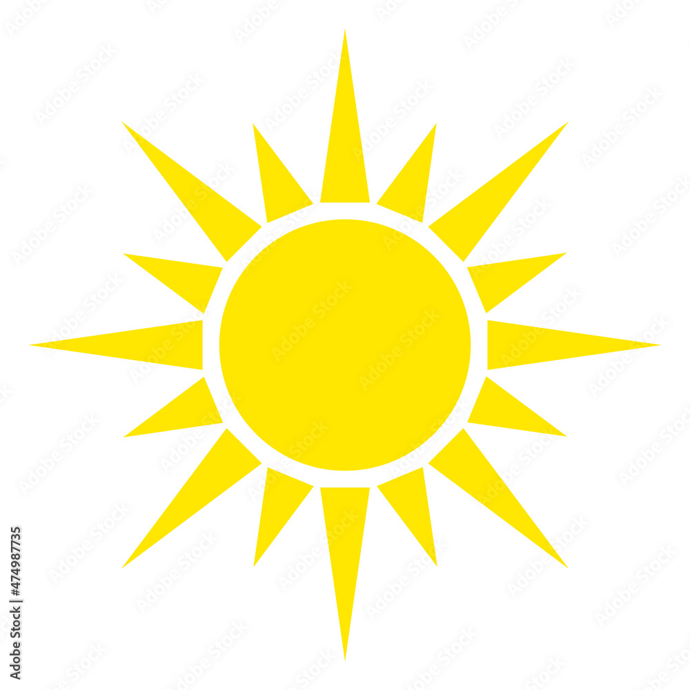 Sun with even rays, flat style. Sunny weather day. Silhouette of yellow bright sun isolated on white background. Vector illustration Sun with even rays, flat style. Sunny weather day. Silhouette of yellow bright sun isolated on white background. Vector illustration
